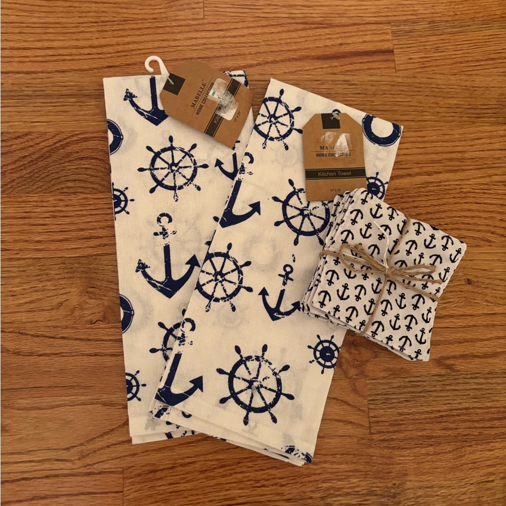Two Nautical Anchor and Ship Wheel Kitchen Towels and Anchor Coasters